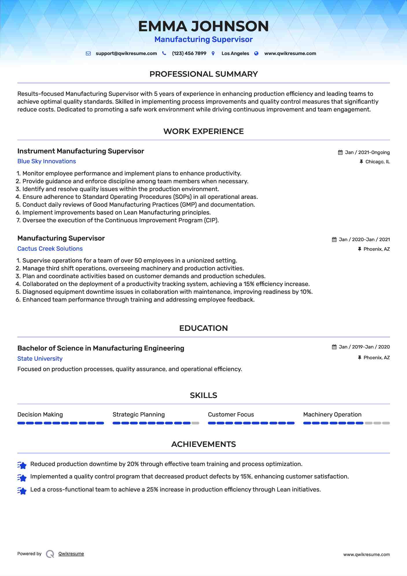Instrument Manufacturing Supervisor Resume Sample