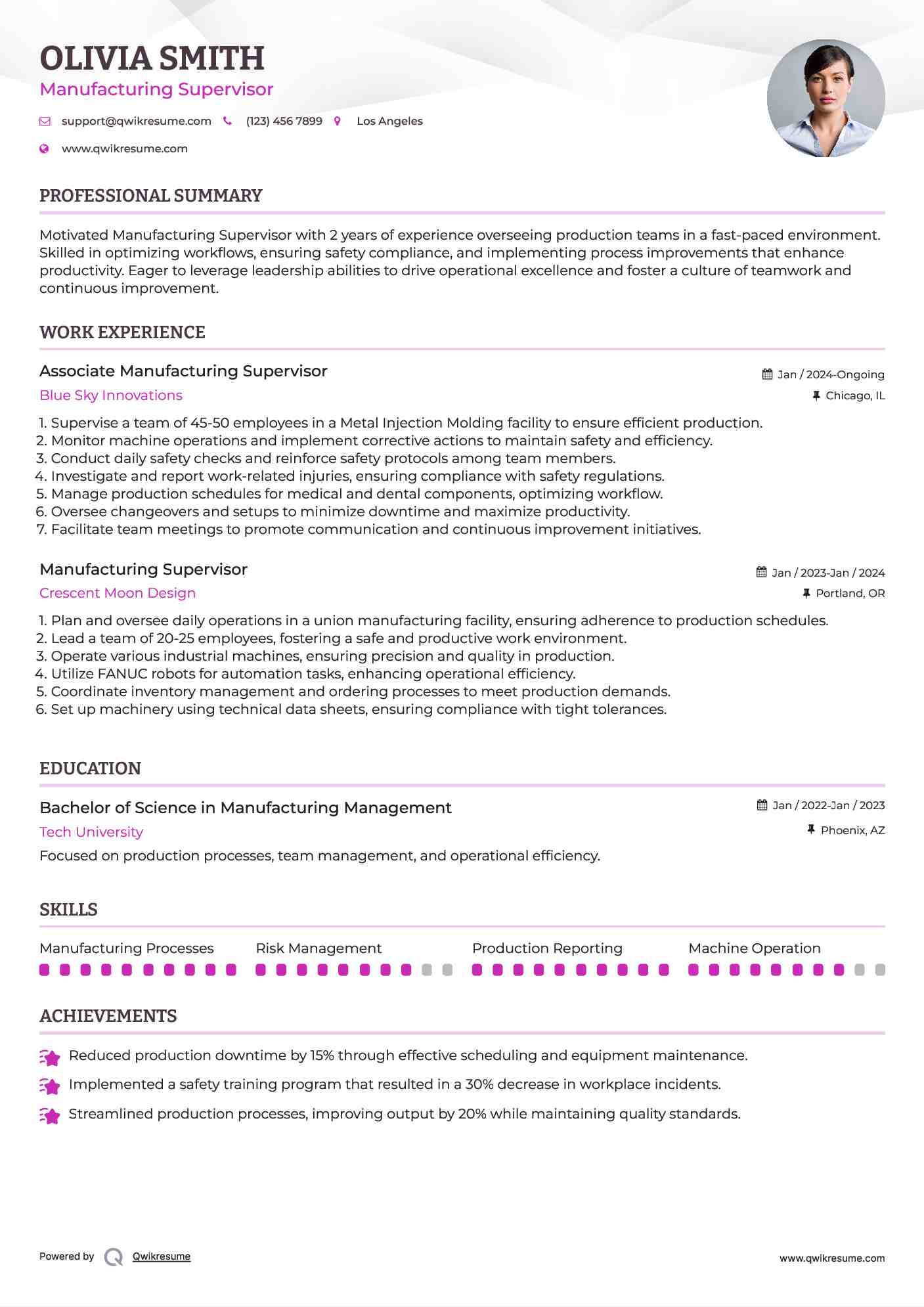 Associate Manufacturing Supervisor Resume Example