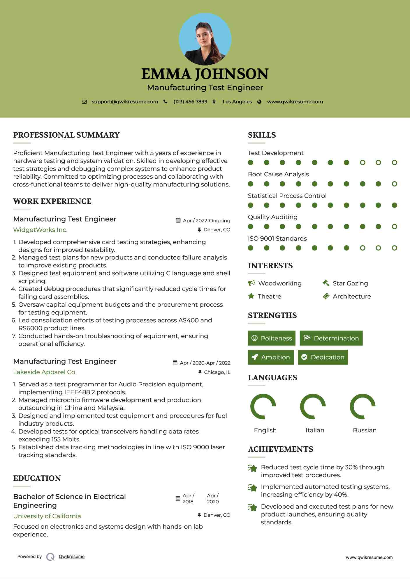 Manufacturing Test Engineer Resume Format