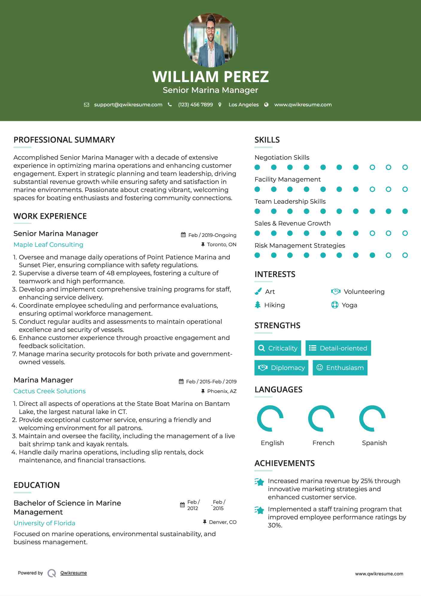 Senior Marina Manager
 Resume Sample