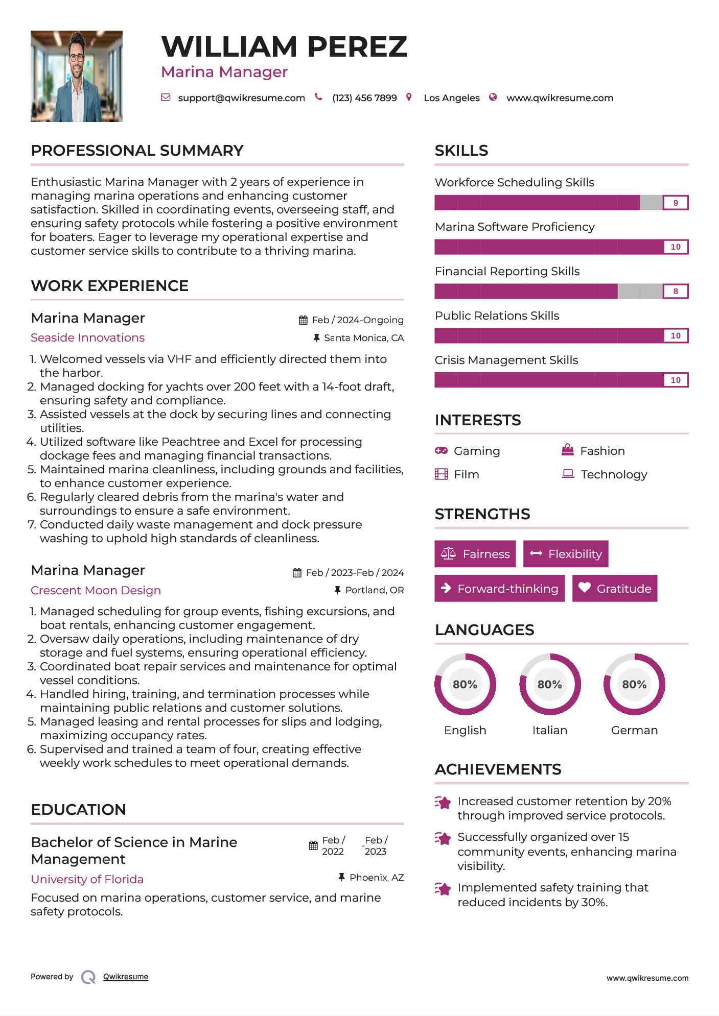 Marina Manager
 Resume Example