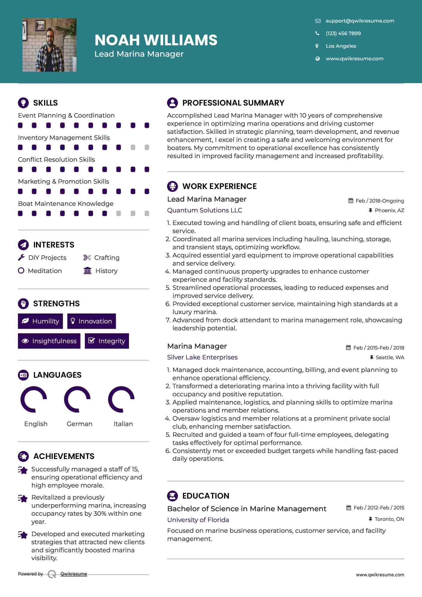 Lead  Marina Manager Resume Sample