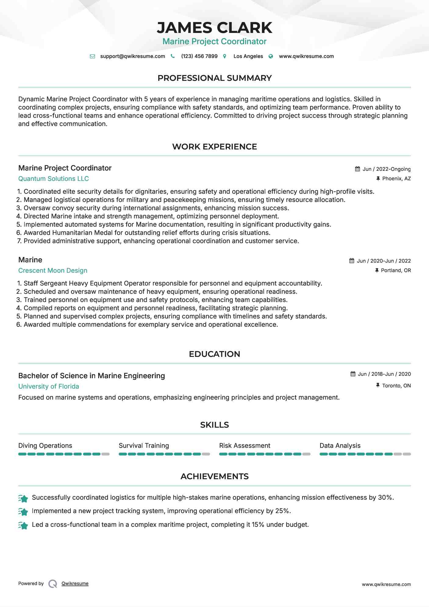 Marine Project Coordinator Resume Format