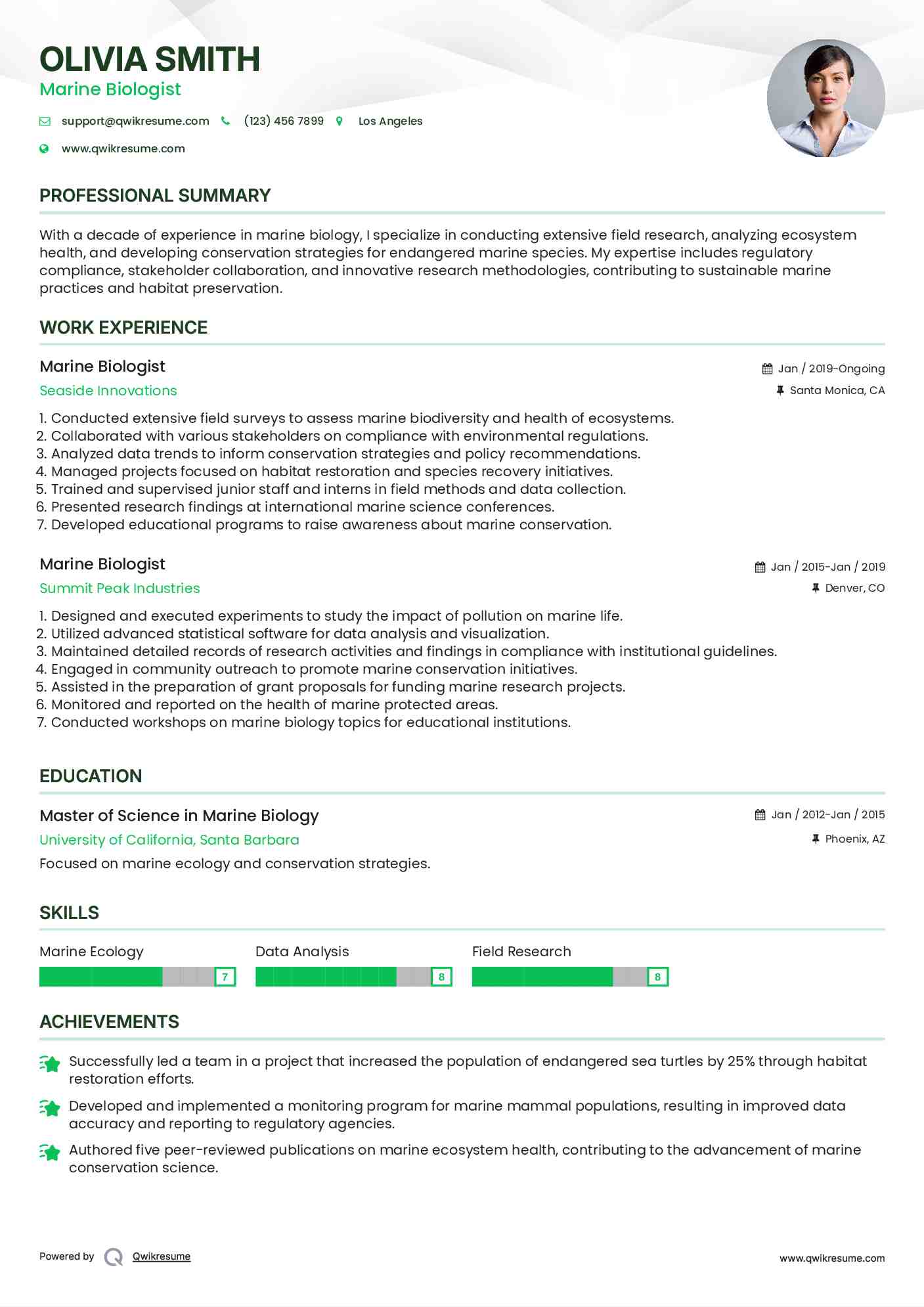 Marine Biologist Resume Format