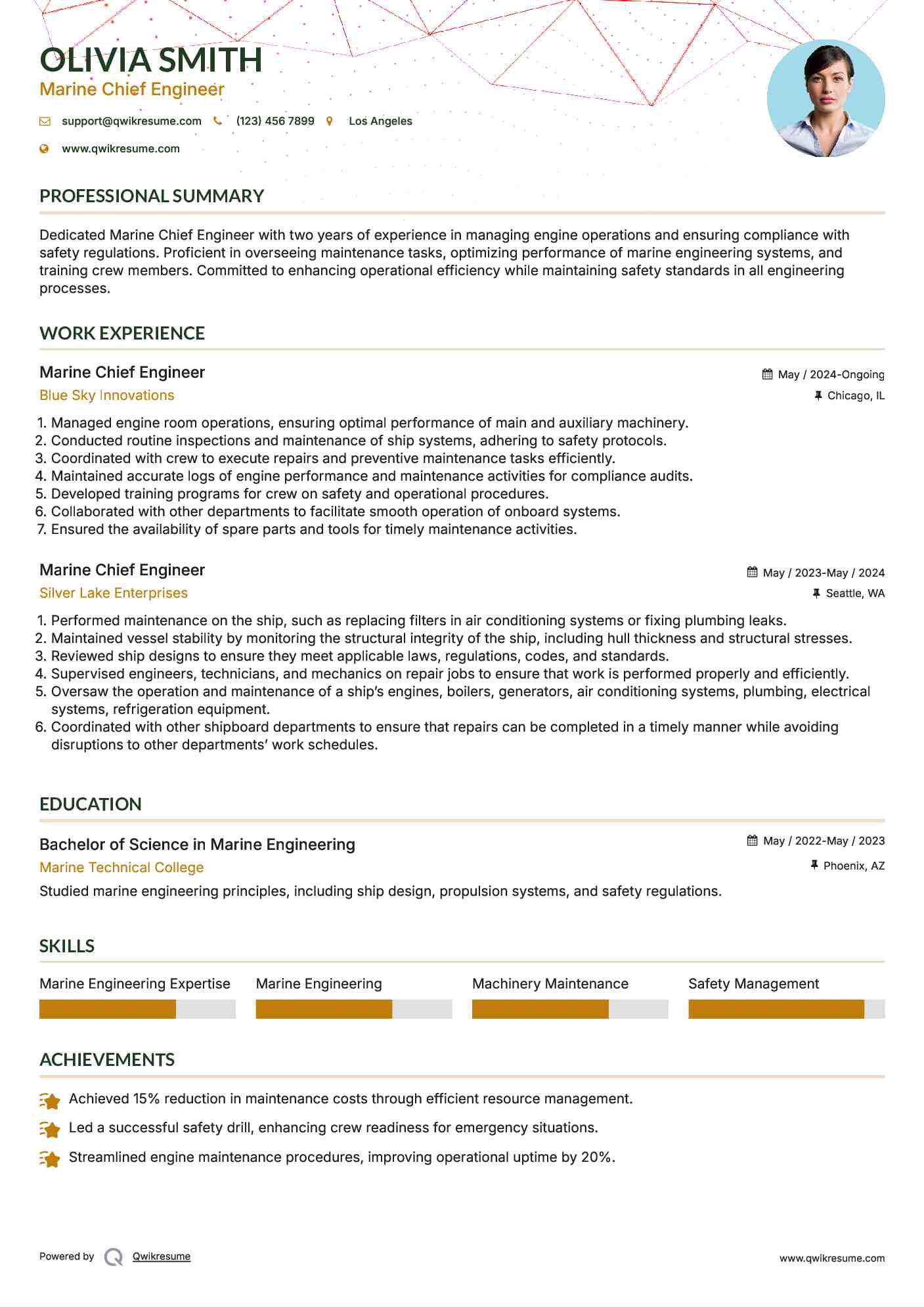 Marine Chief Engineer Resume Sample