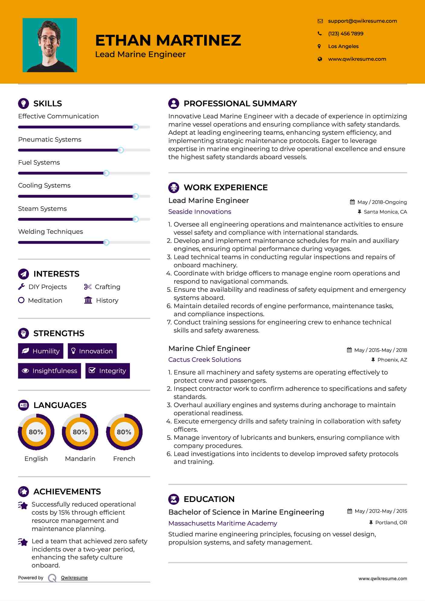 Lead Marine Engineer Resume Sample