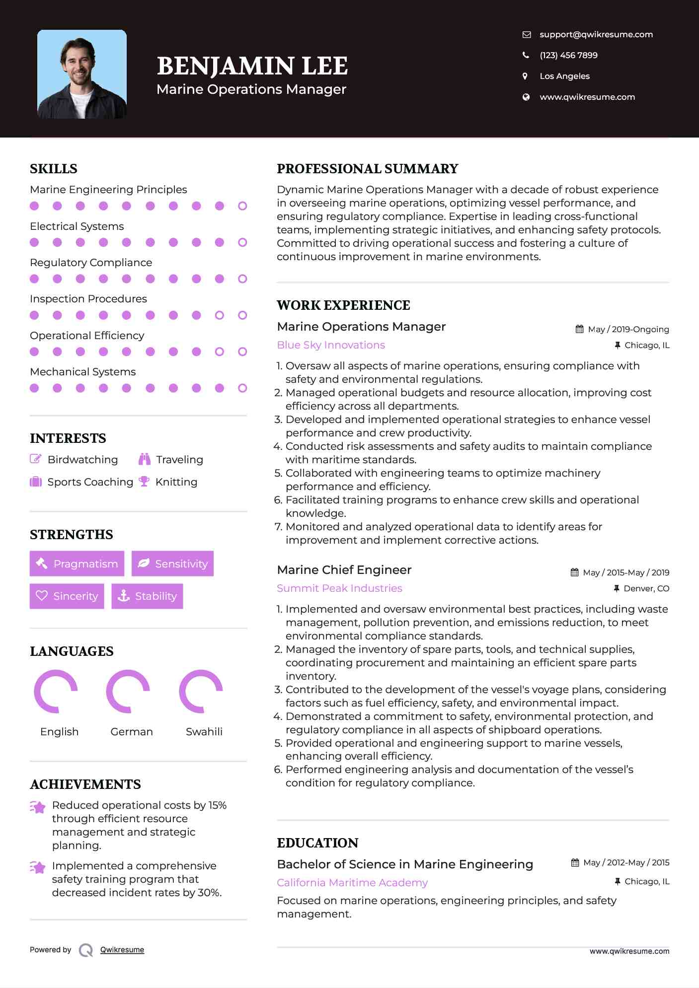 Marine Operations Manager Resume Example