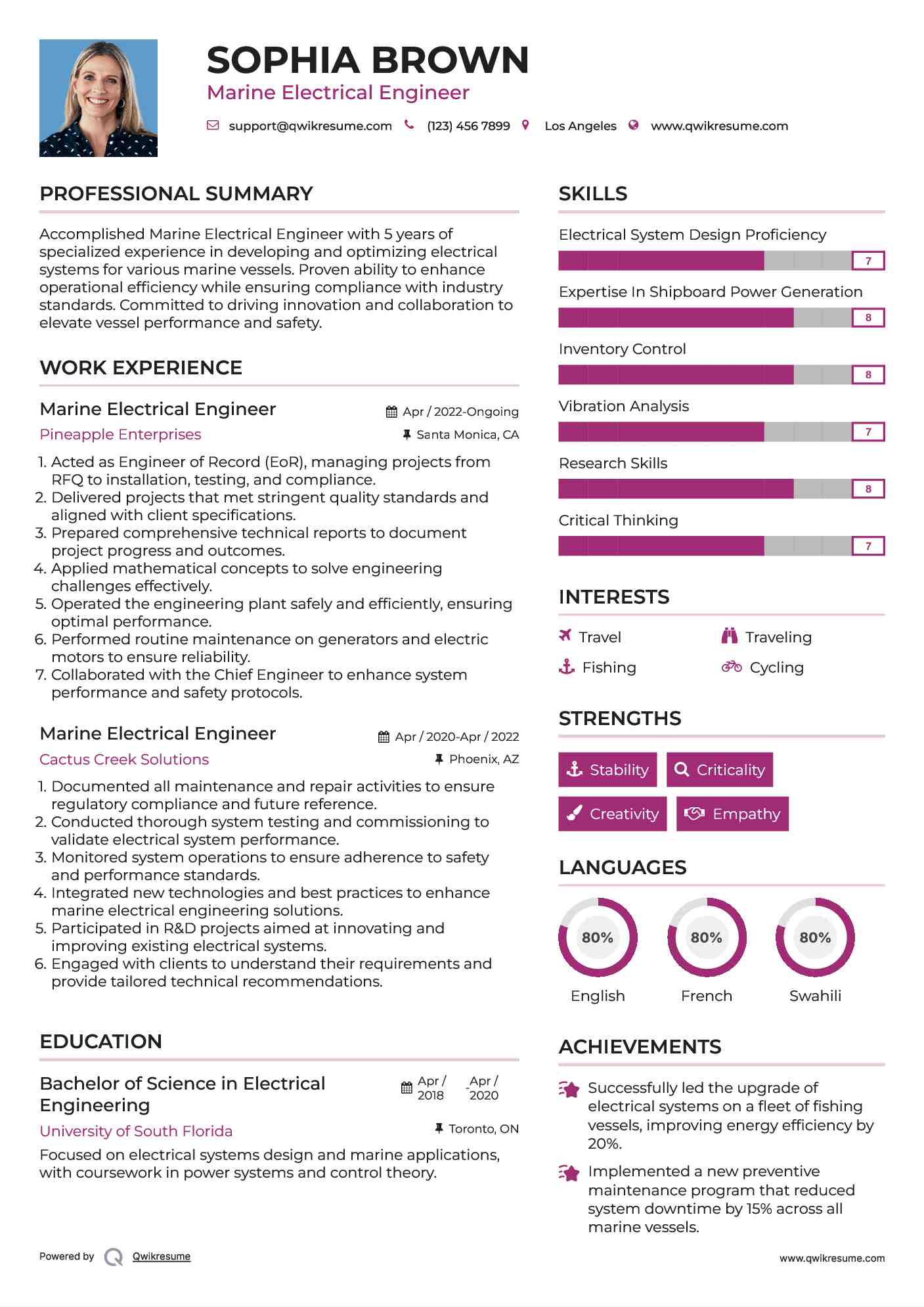 Marine Electrical Engineer Resume Sample