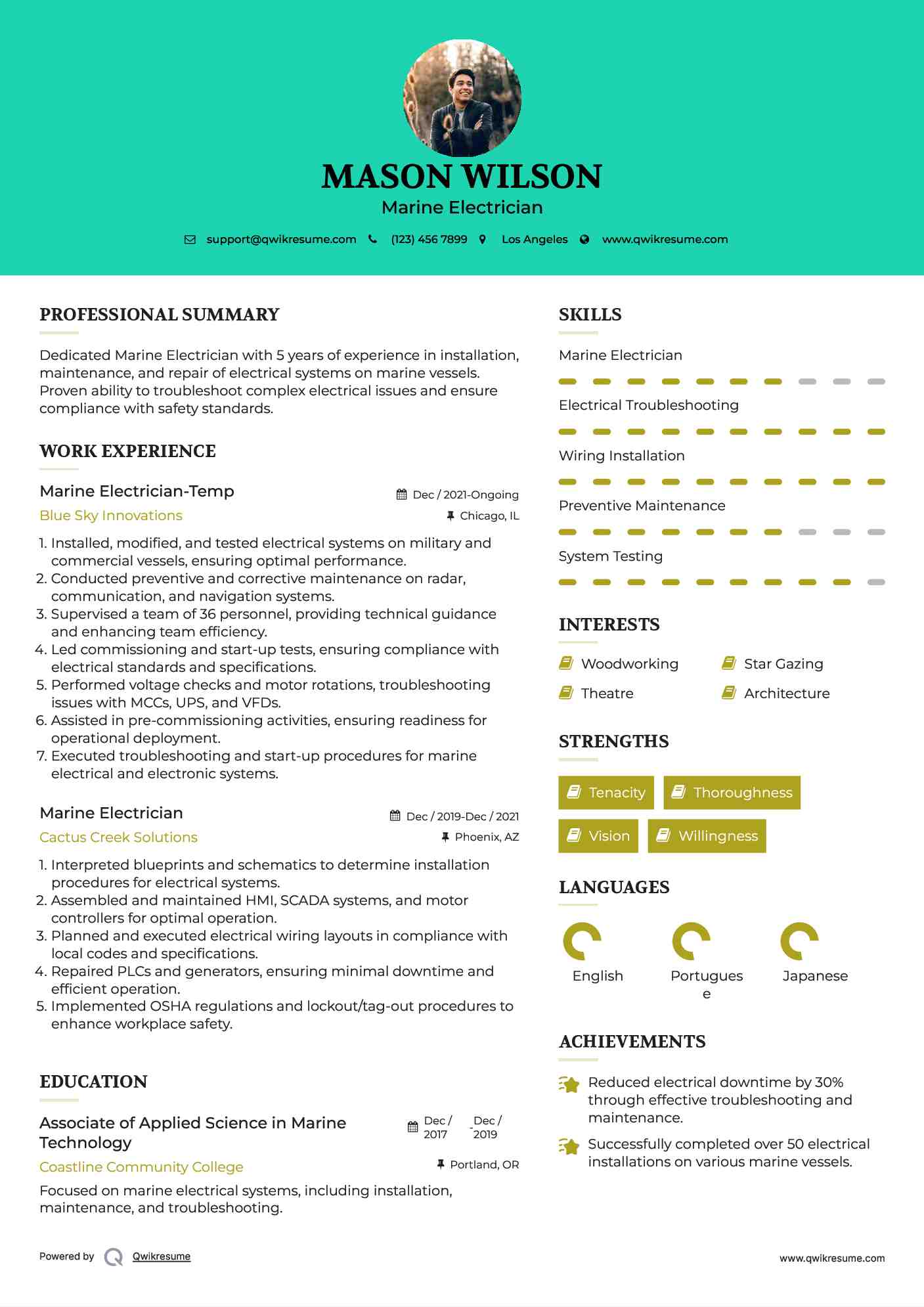 Marine Electrician-Temp Resume Format