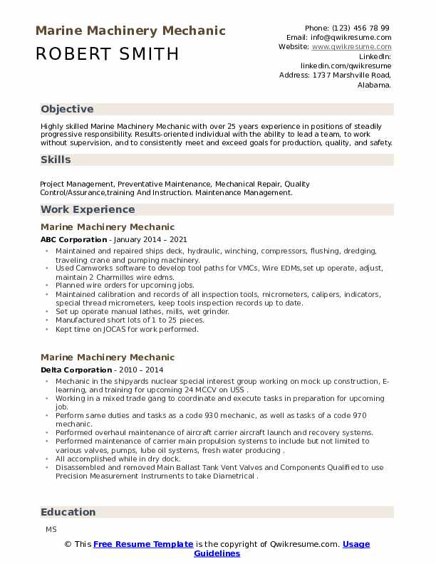 Marine Machinery Mechanic Resume Samples QwikResume
