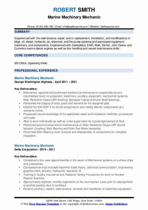 Marine Machinery Mechanic Resume Samples QwikResume