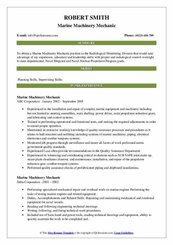 Marine Machinery Mechanic Resume Samples QwikResume
