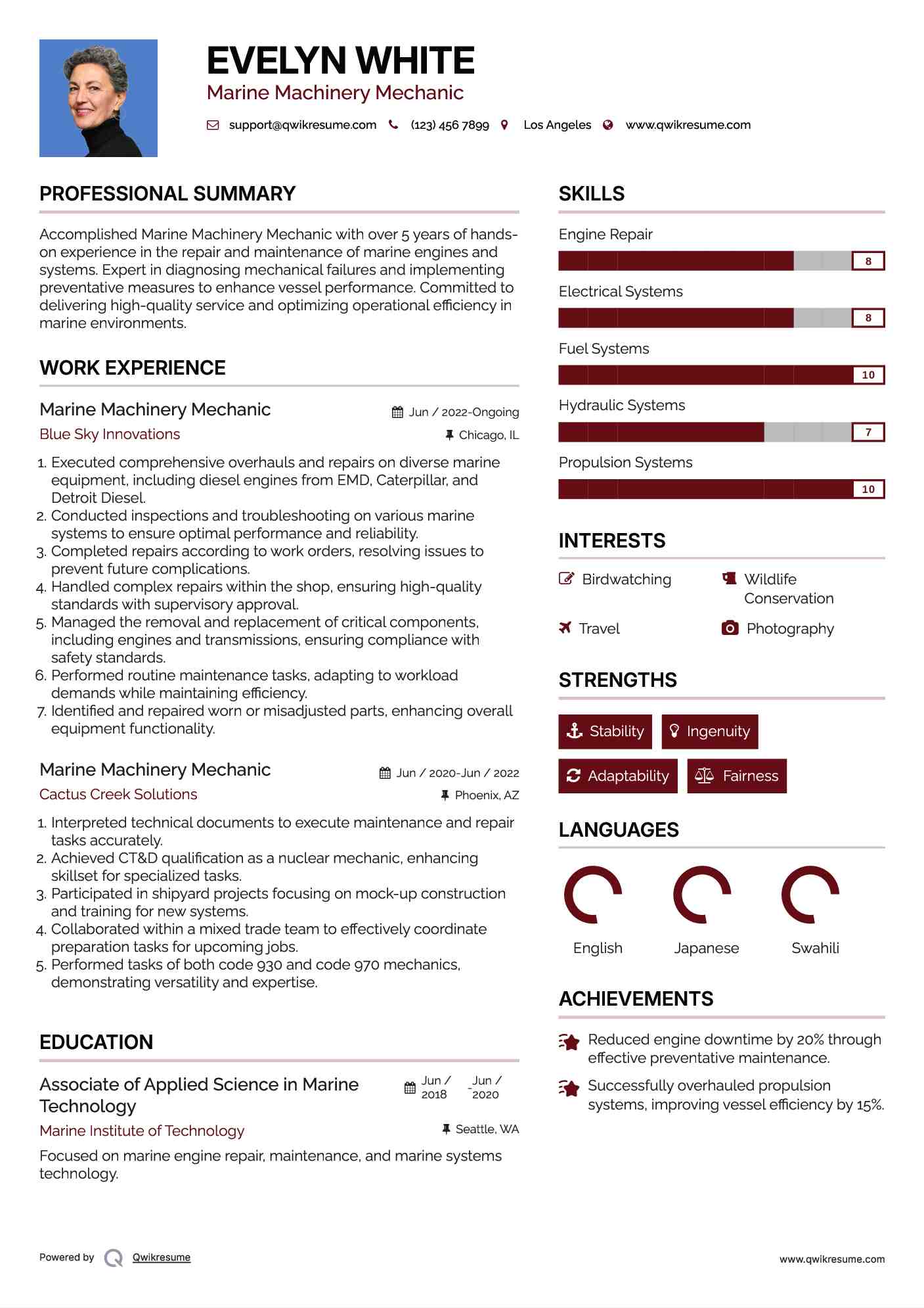 Marine Machinery Mechanic Resume Samples QwikResume