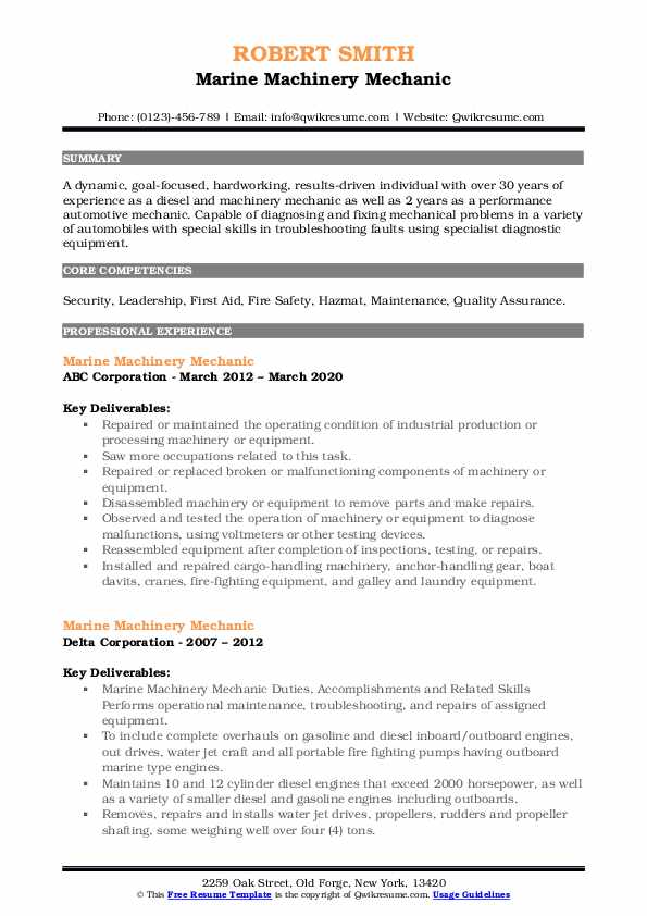 Marine Machinery Mechanic Resume Samples QwikResume