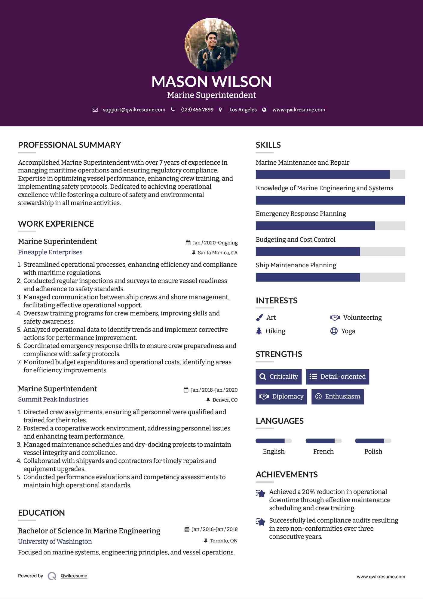 Marine Superintendent Resume Model