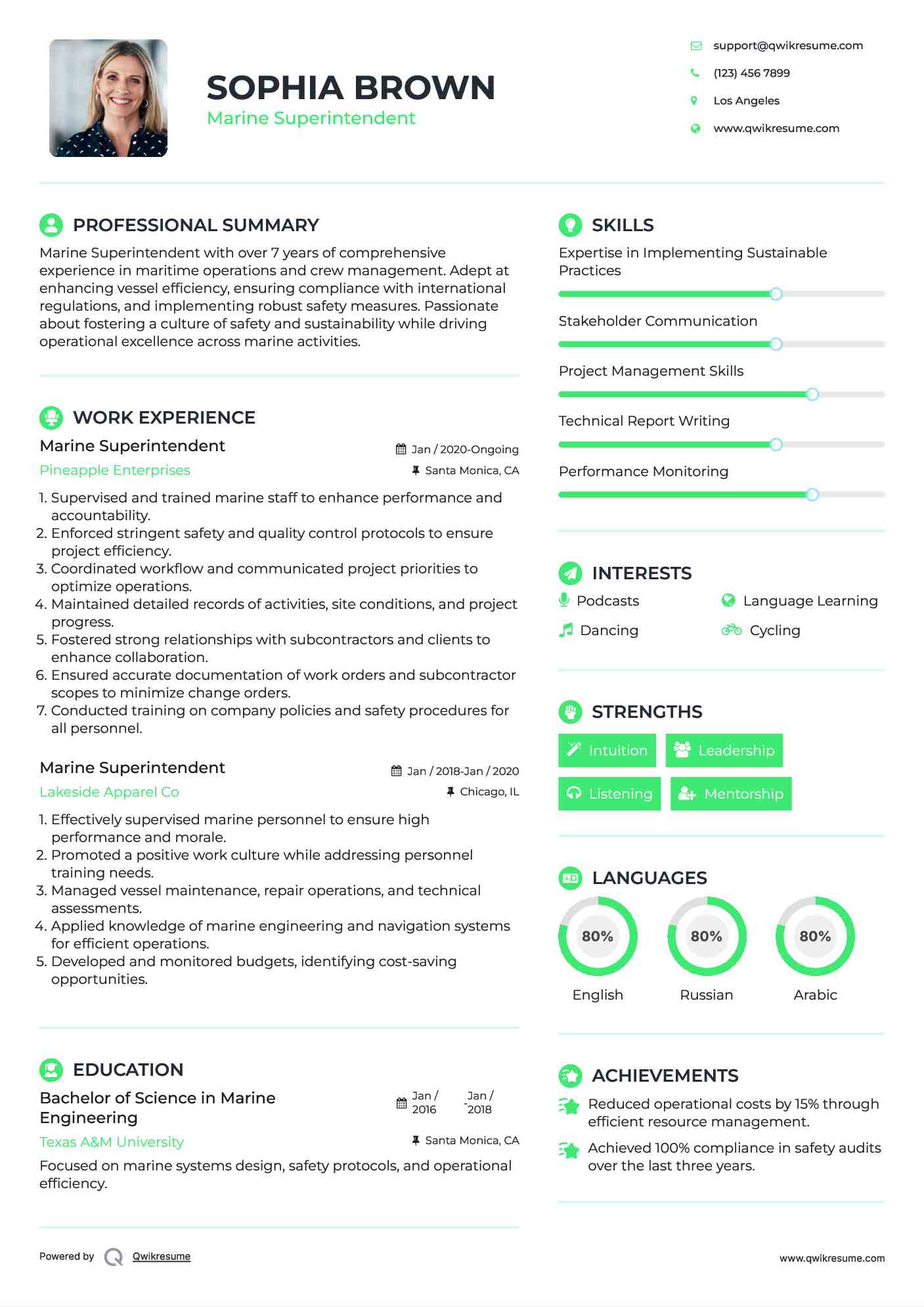 Marine Superintendent Resume Sample