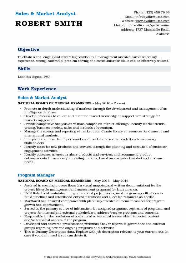 Sales & Market Analyst Resume Sample