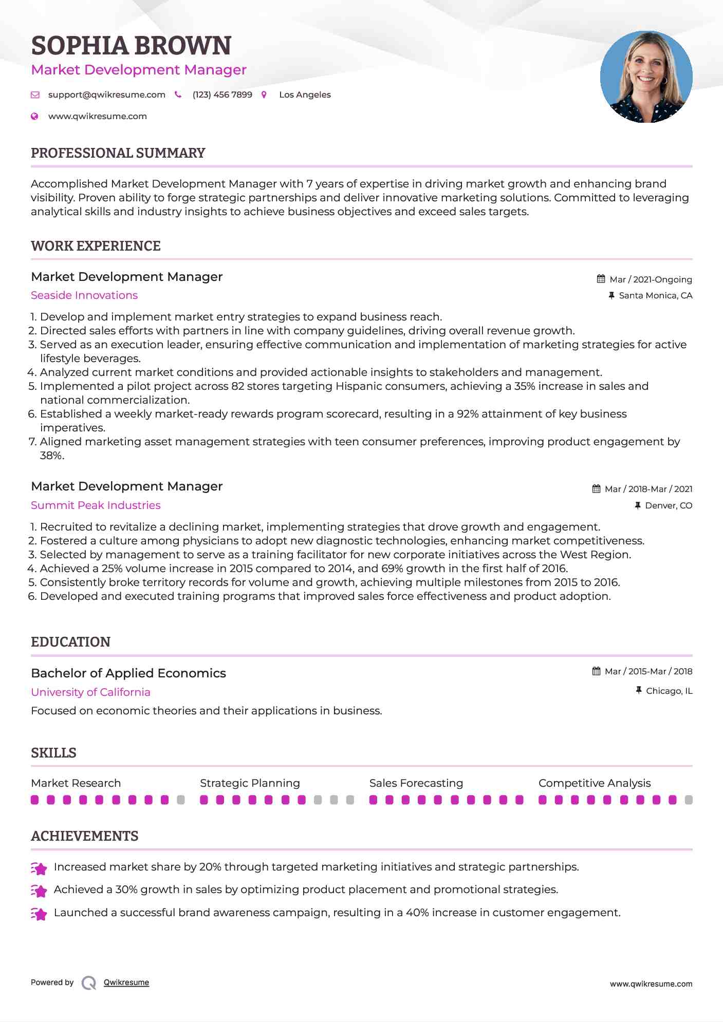 Market Development Manager Resume Sample