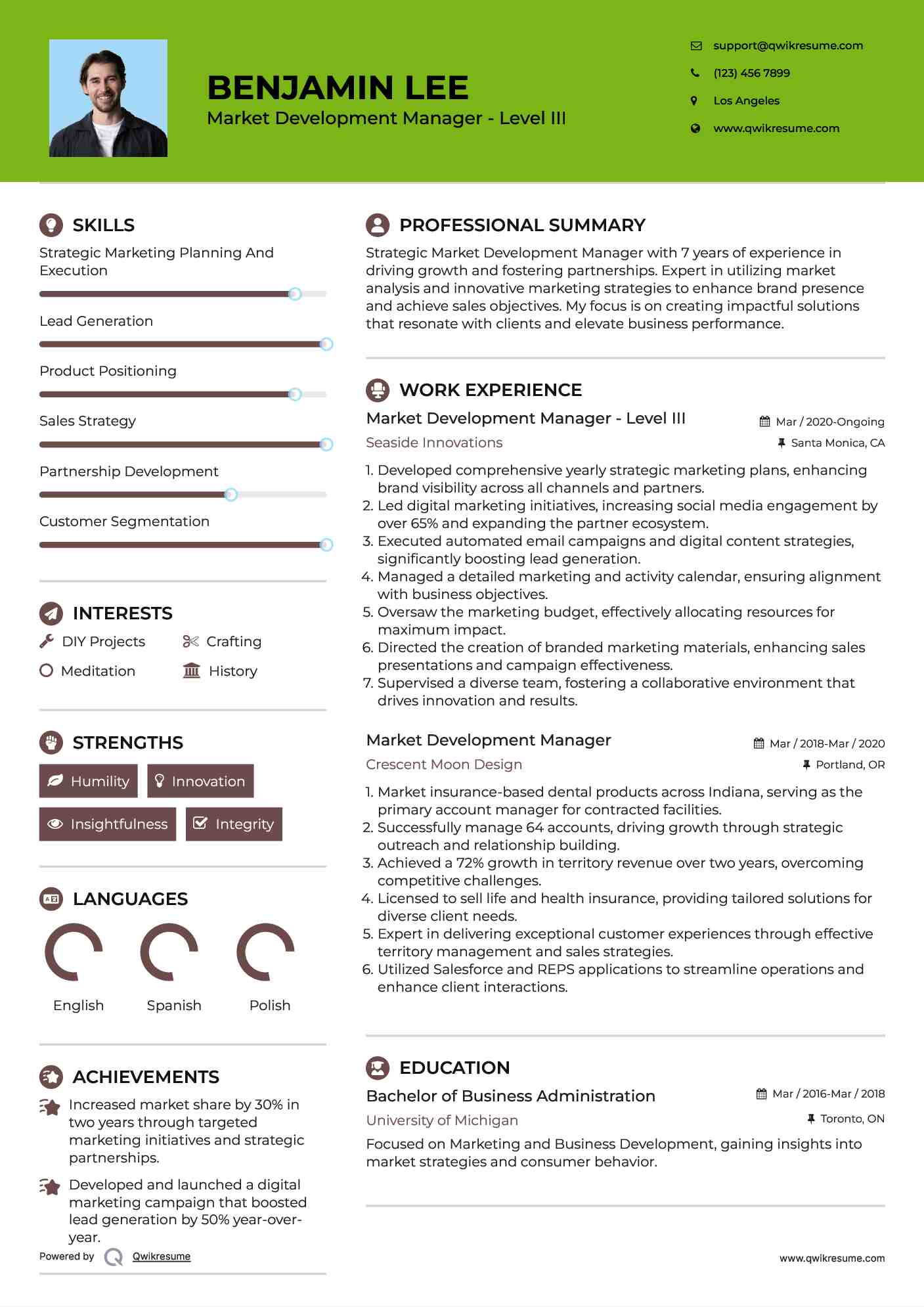 Market Development Manager - Level III Resume Sample