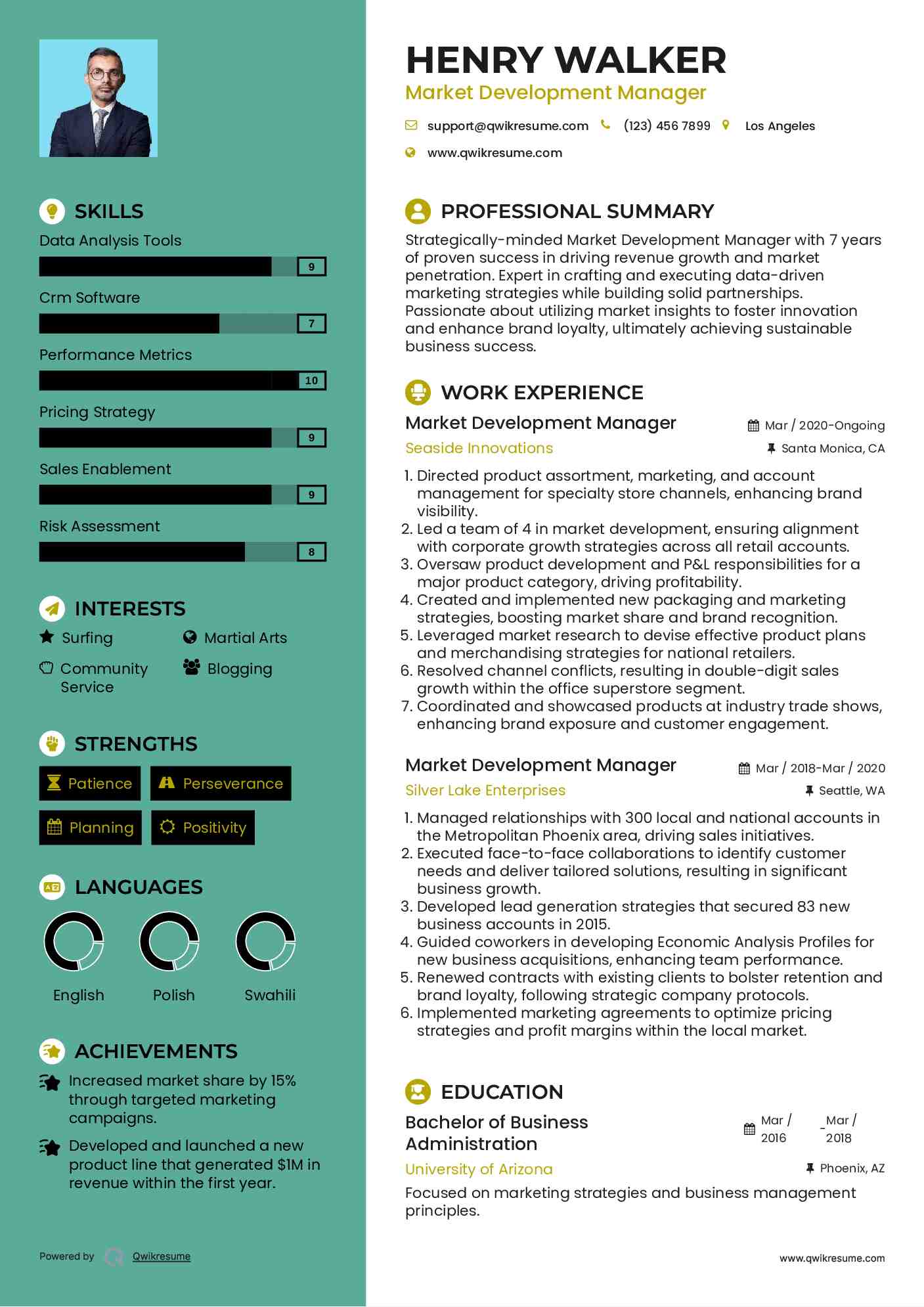 Market Development Manager Resume Sample