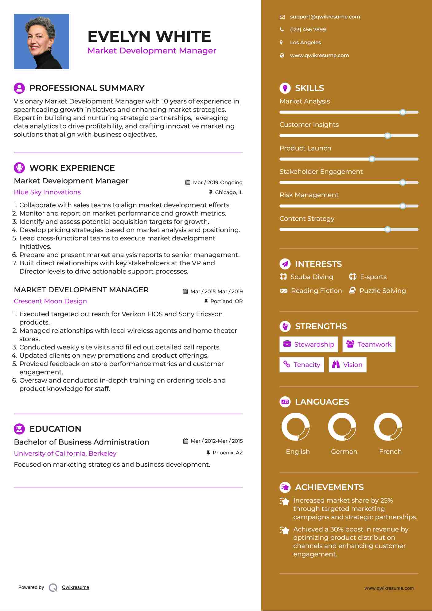 Market Development Manager Resume Sample