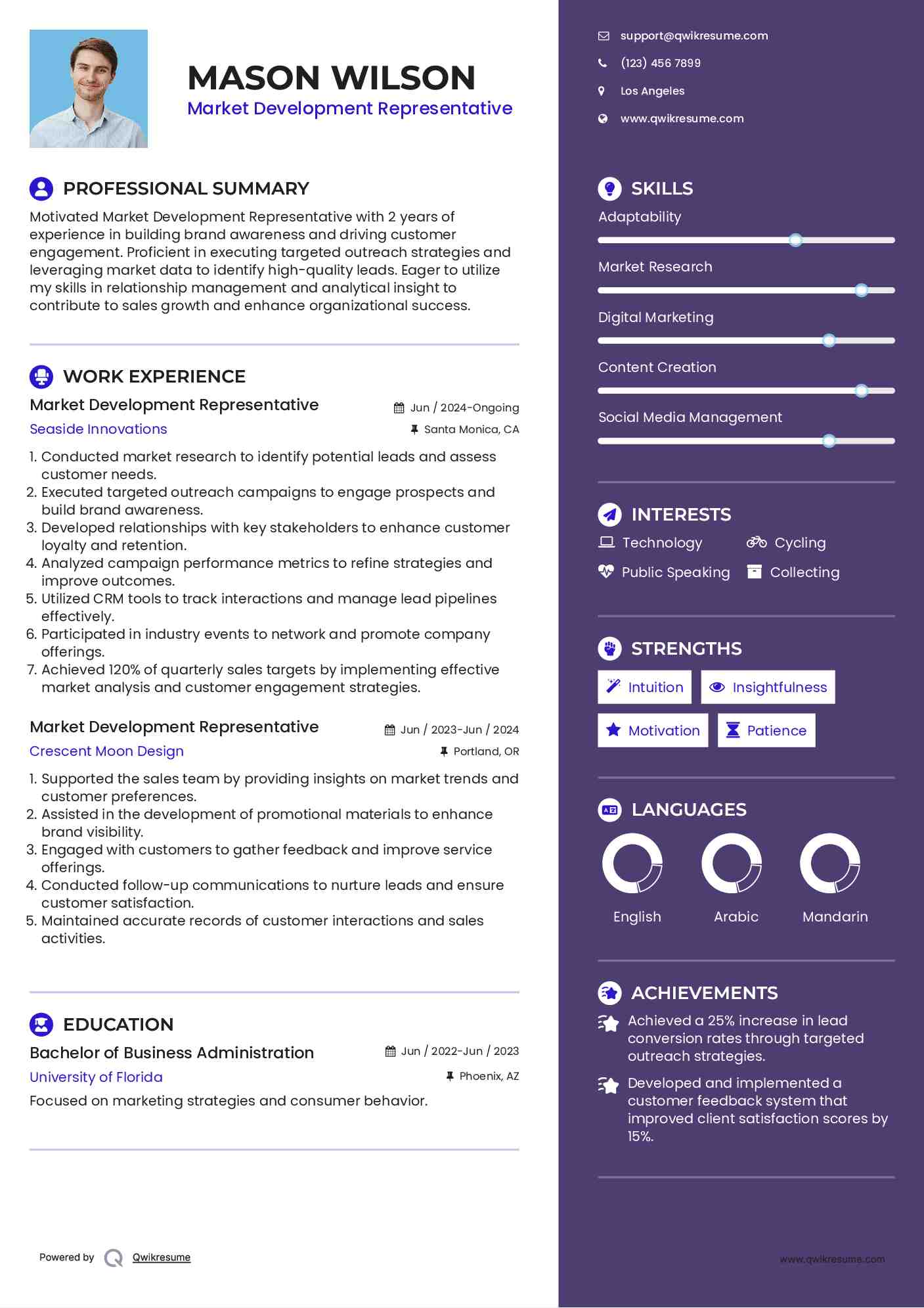 Market Development Representative Resume Sample