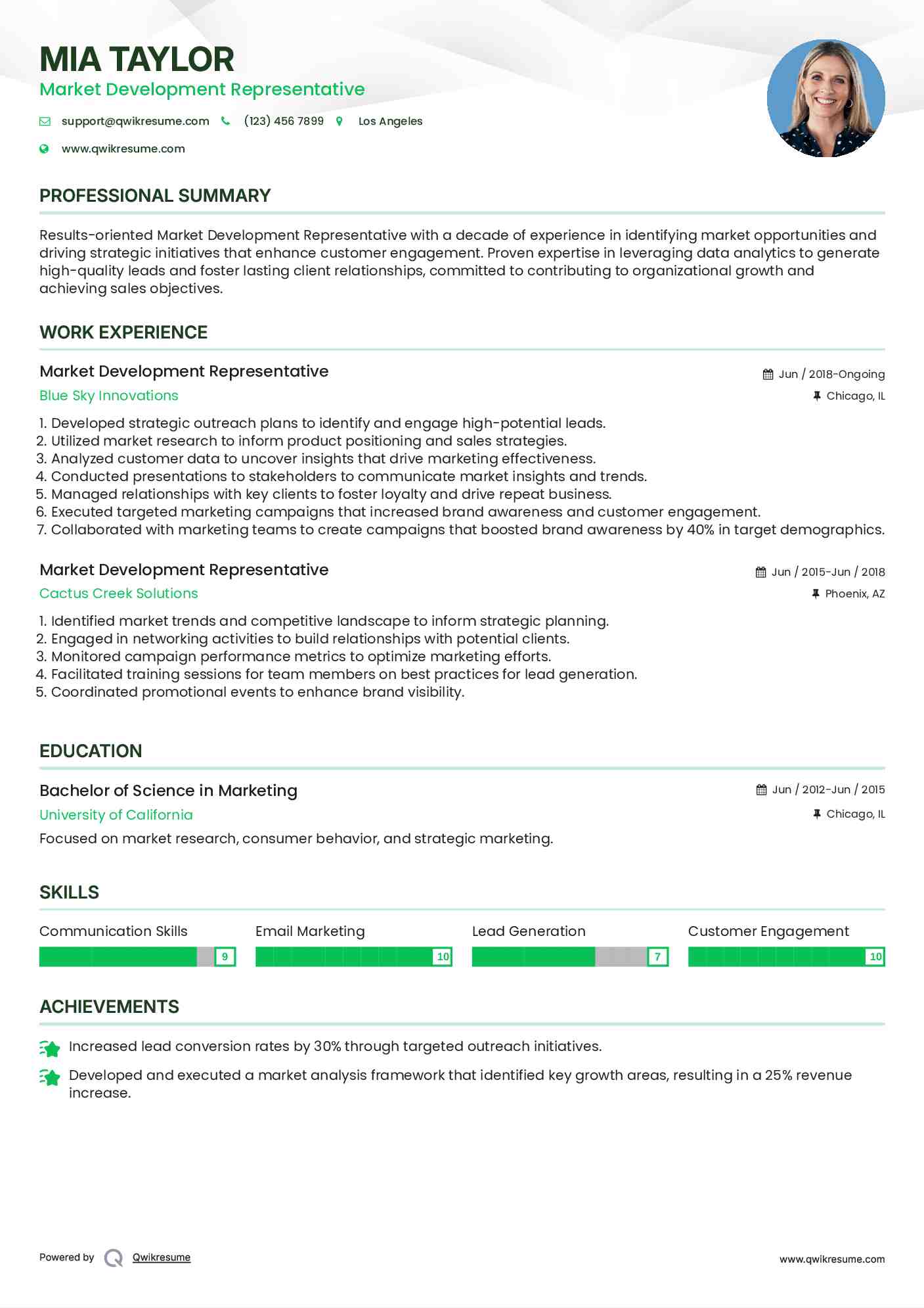 Market Development Representative Resume Format