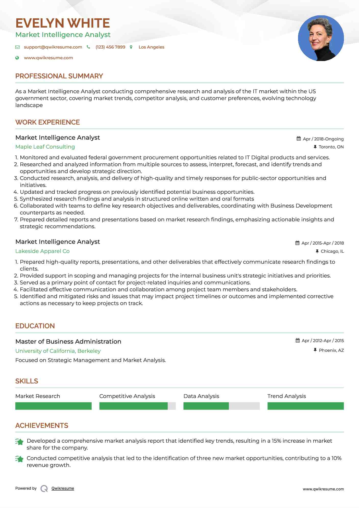 Market Intelligence Analyst Resume Sample