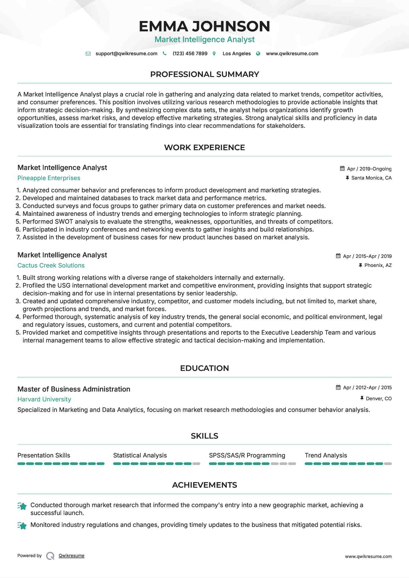 Market Intelligence Analyst Resume Sample