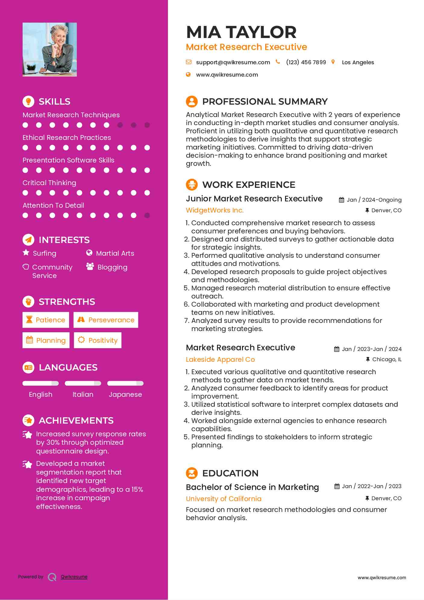 Junior Market Research Executive Resume Model