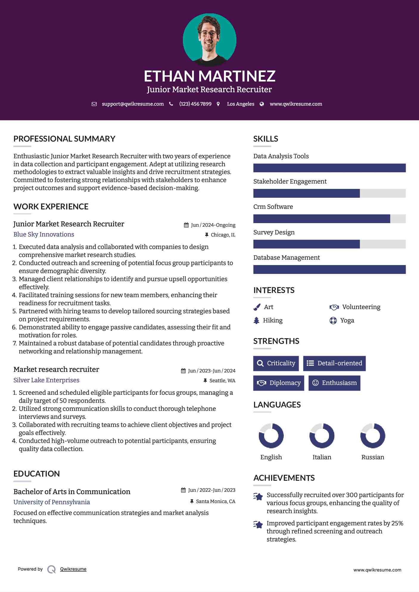 Junior Market Research Recruiter Resume Model