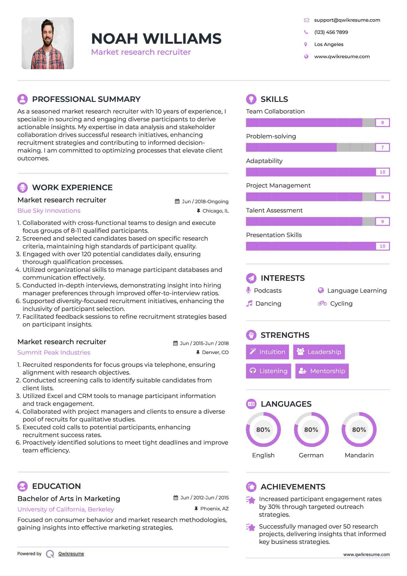 Market research recruiter Resume Example