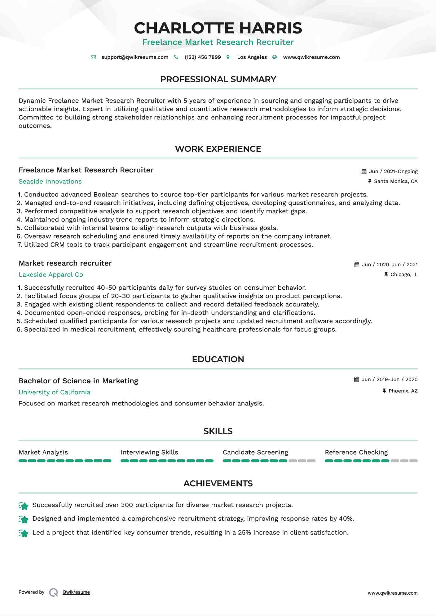 Freelance Market Research Recruiter Resume Sample