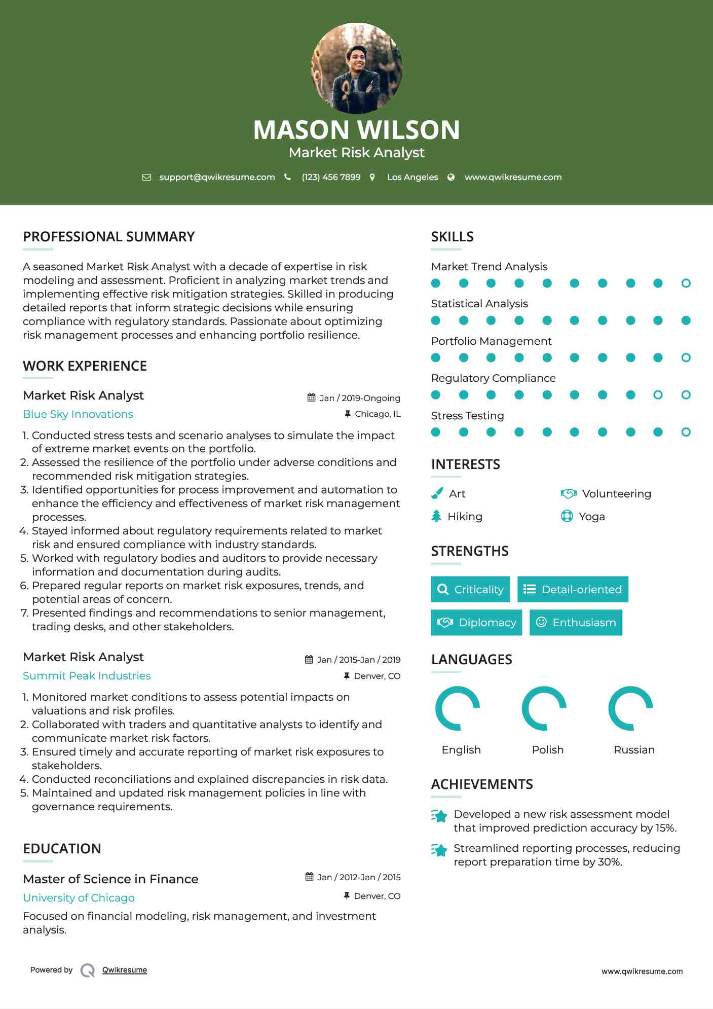 Market Risk Analyst Resume Sample