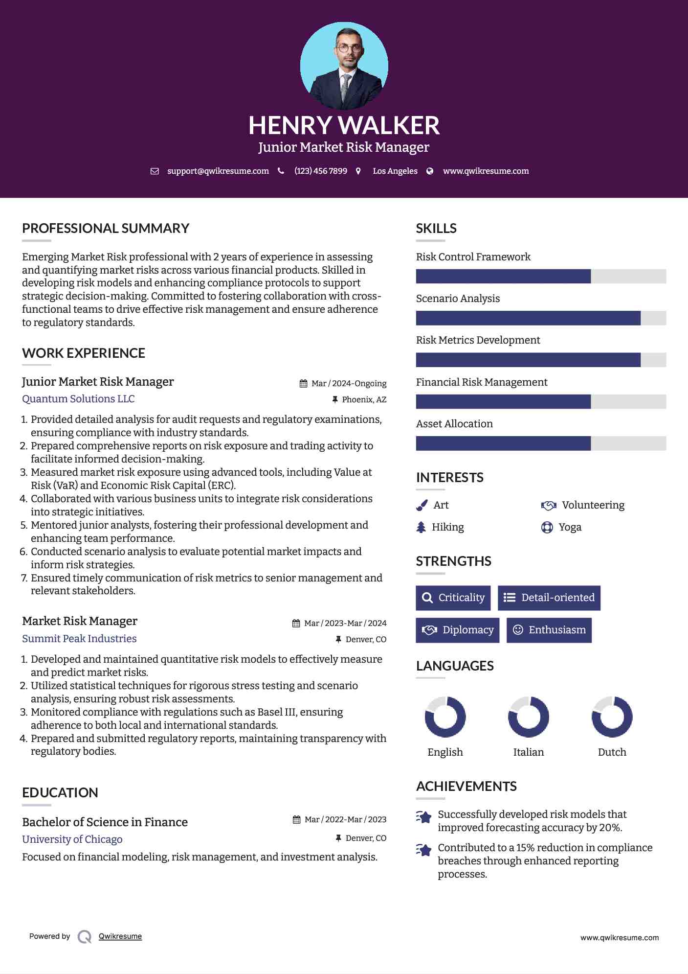 Junior Market Risk Manager Resume Template