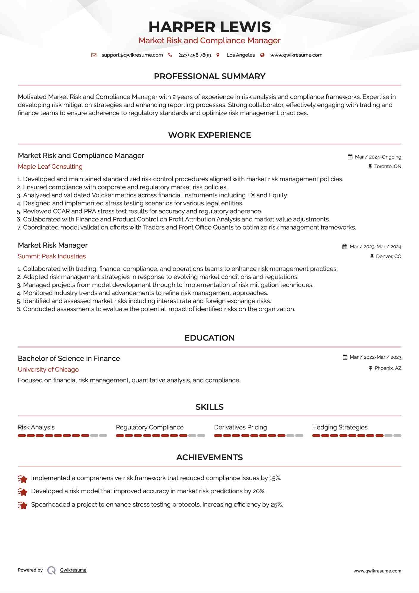 Market Risk and Compliance Manager Resume Example