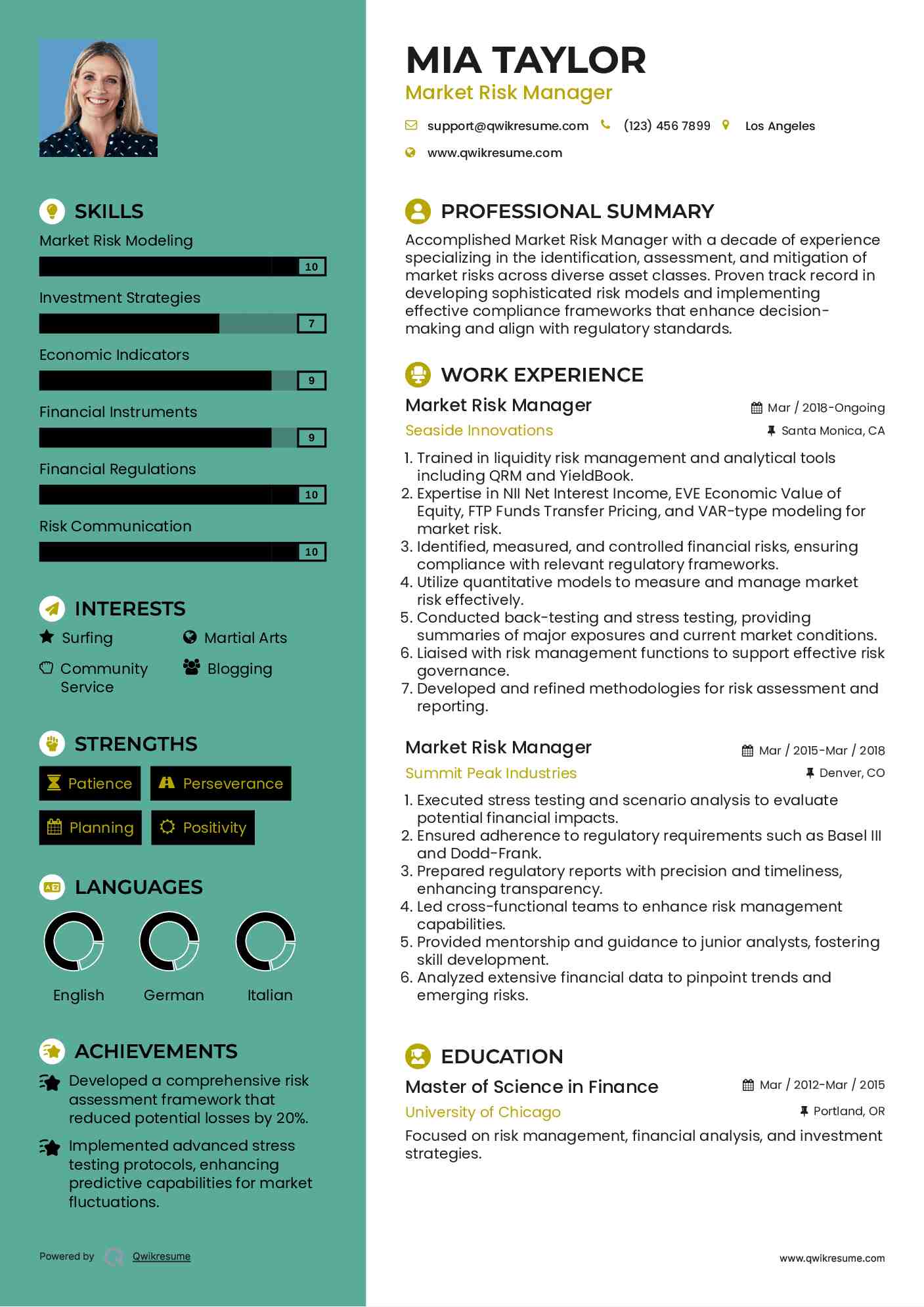 Market Risk Manager Resume Sample