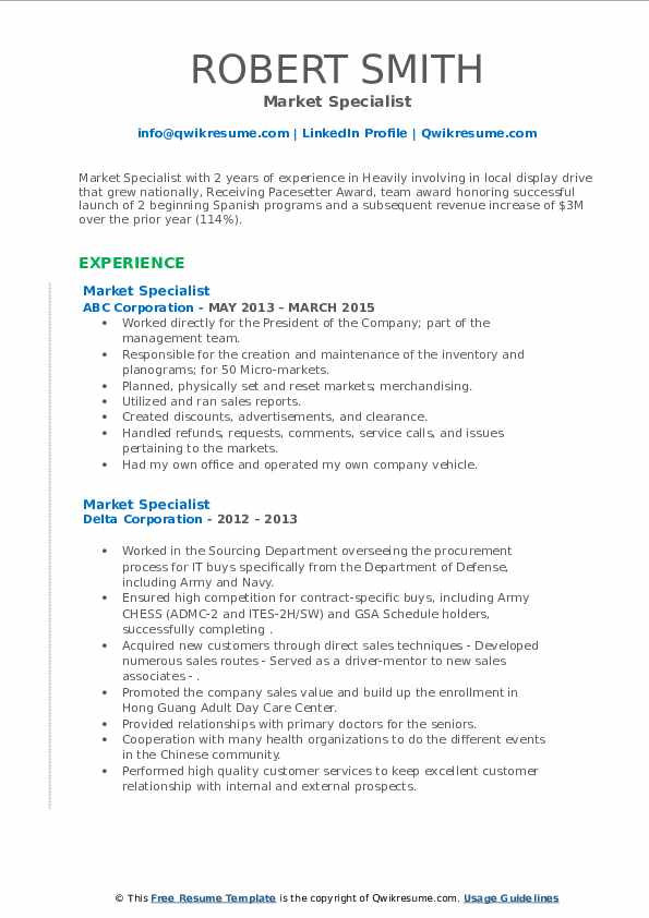 Market Specialist Resume Samples QwikResume