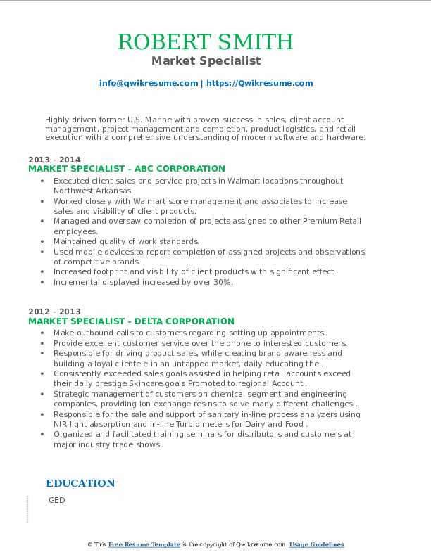 Market Specialist Resume Samples QwikResume