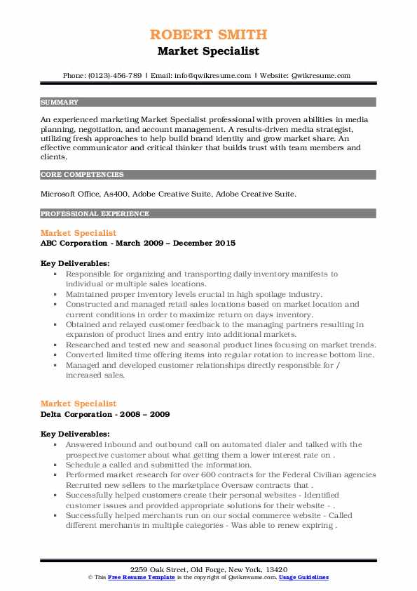 Market Specialist Resume Samples QwikResume
