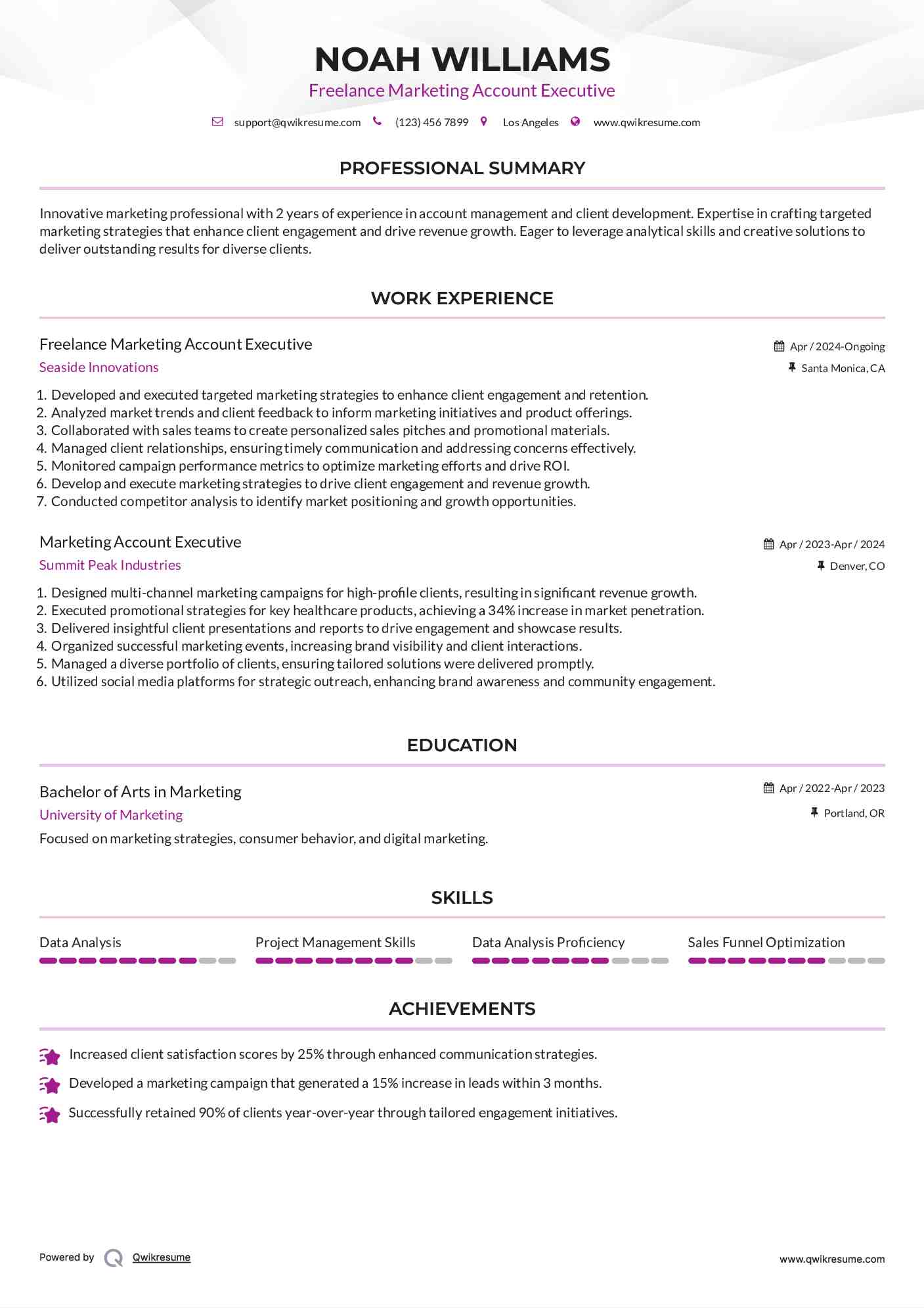 Freelance Marketing Account Executive Resume Sample