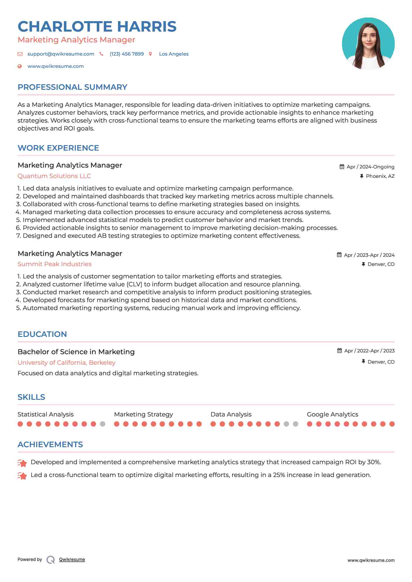 Marketing Analytics Manager Resume Template