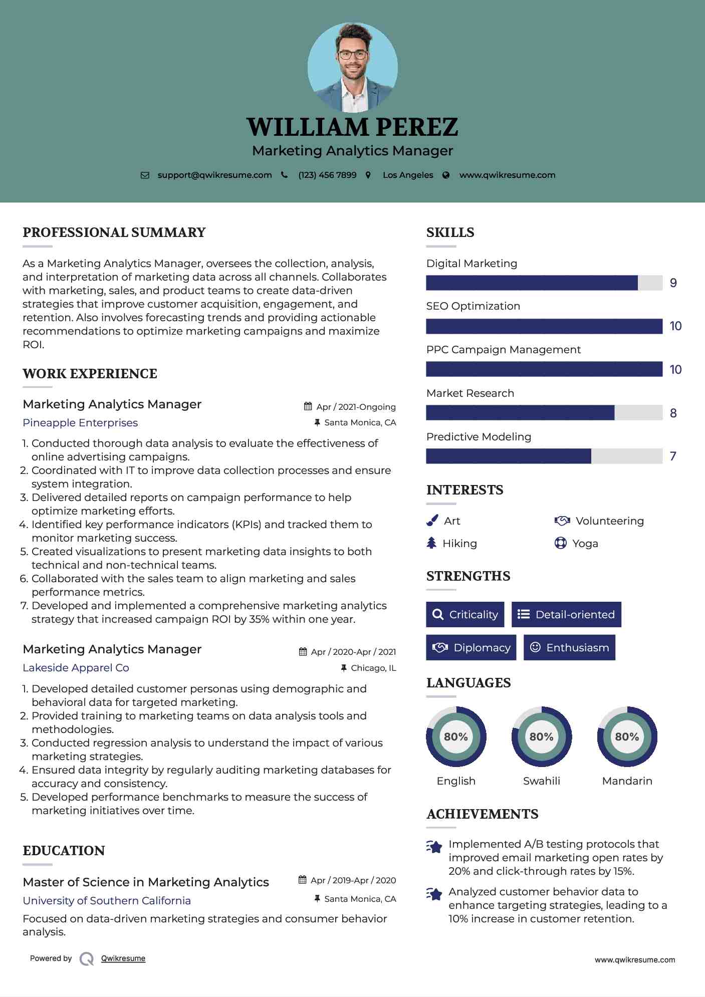 Marketing Analytics Manager Resume Sample