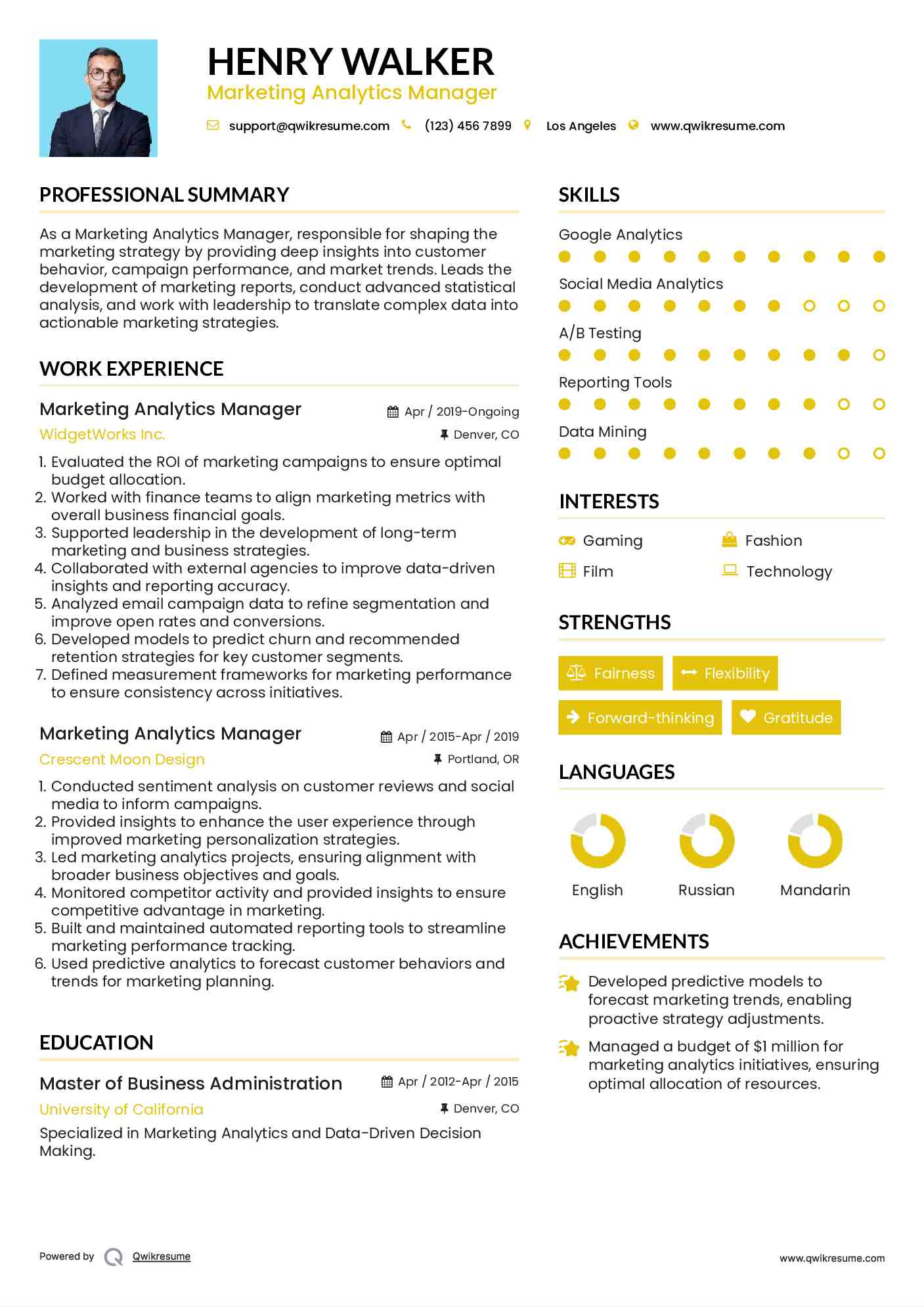 Marketing Analytics Manager Resume Template