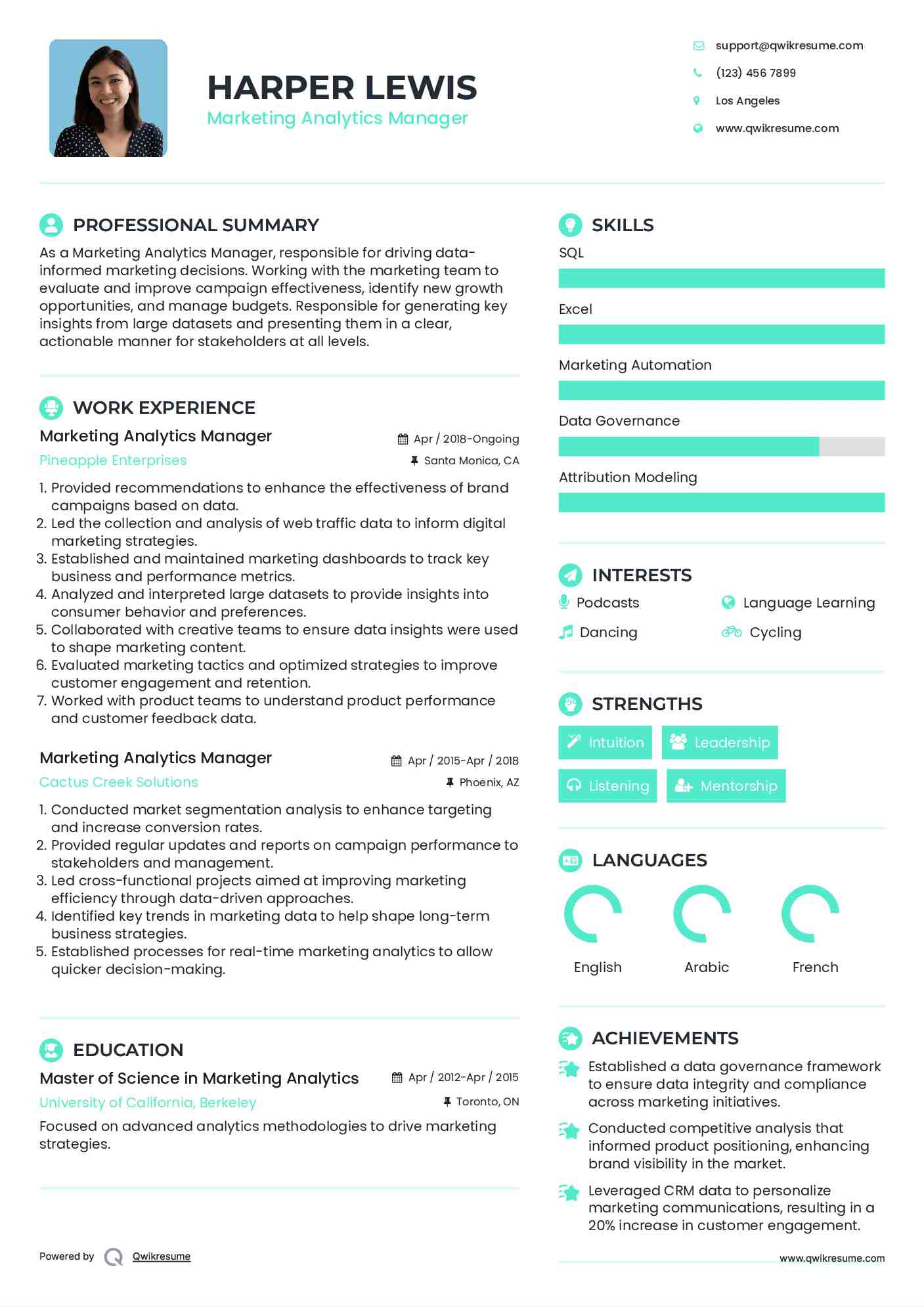 Marketing Analytics Manager Resume Template
