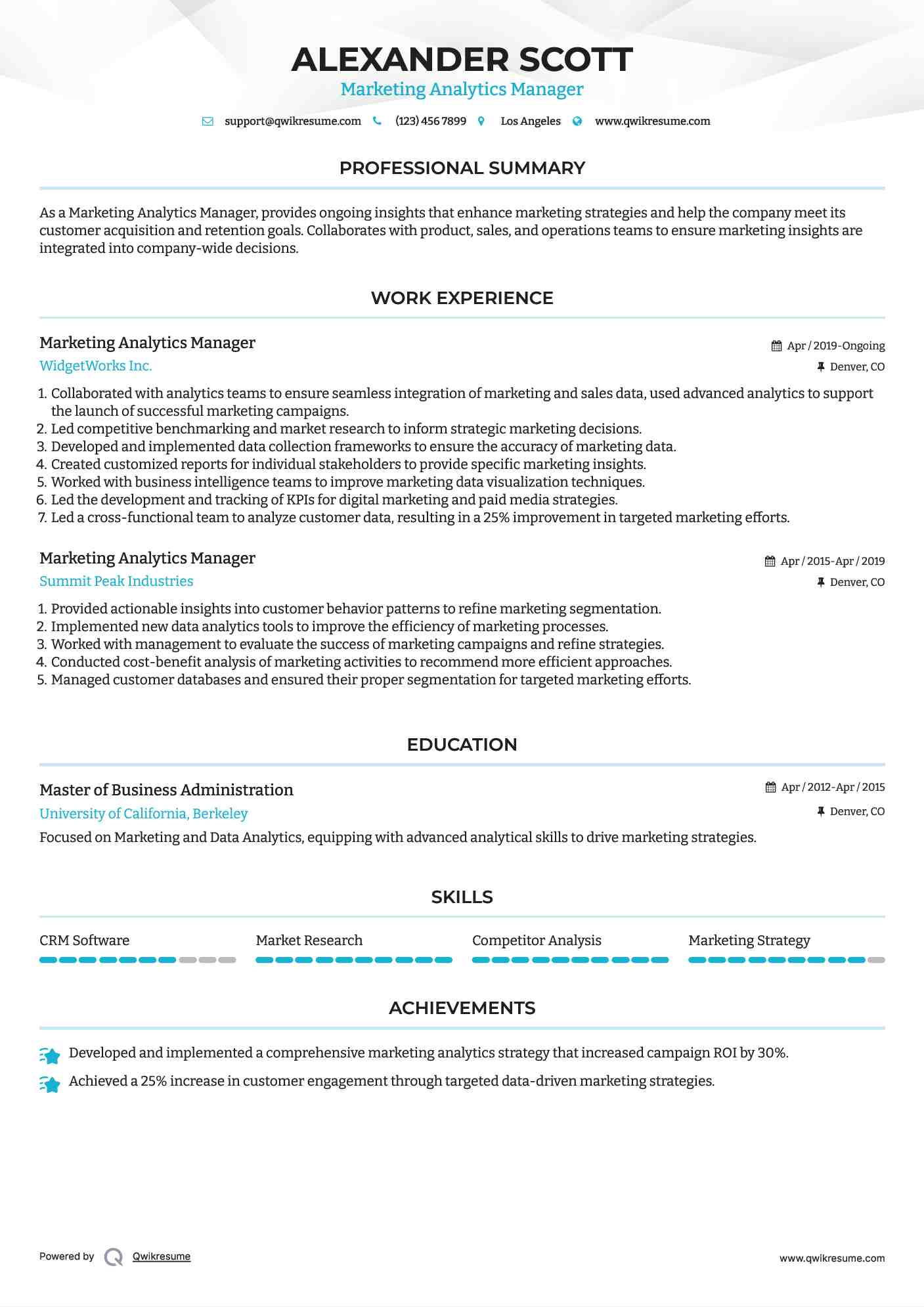 Marketing Analytics Manager Resume Model
