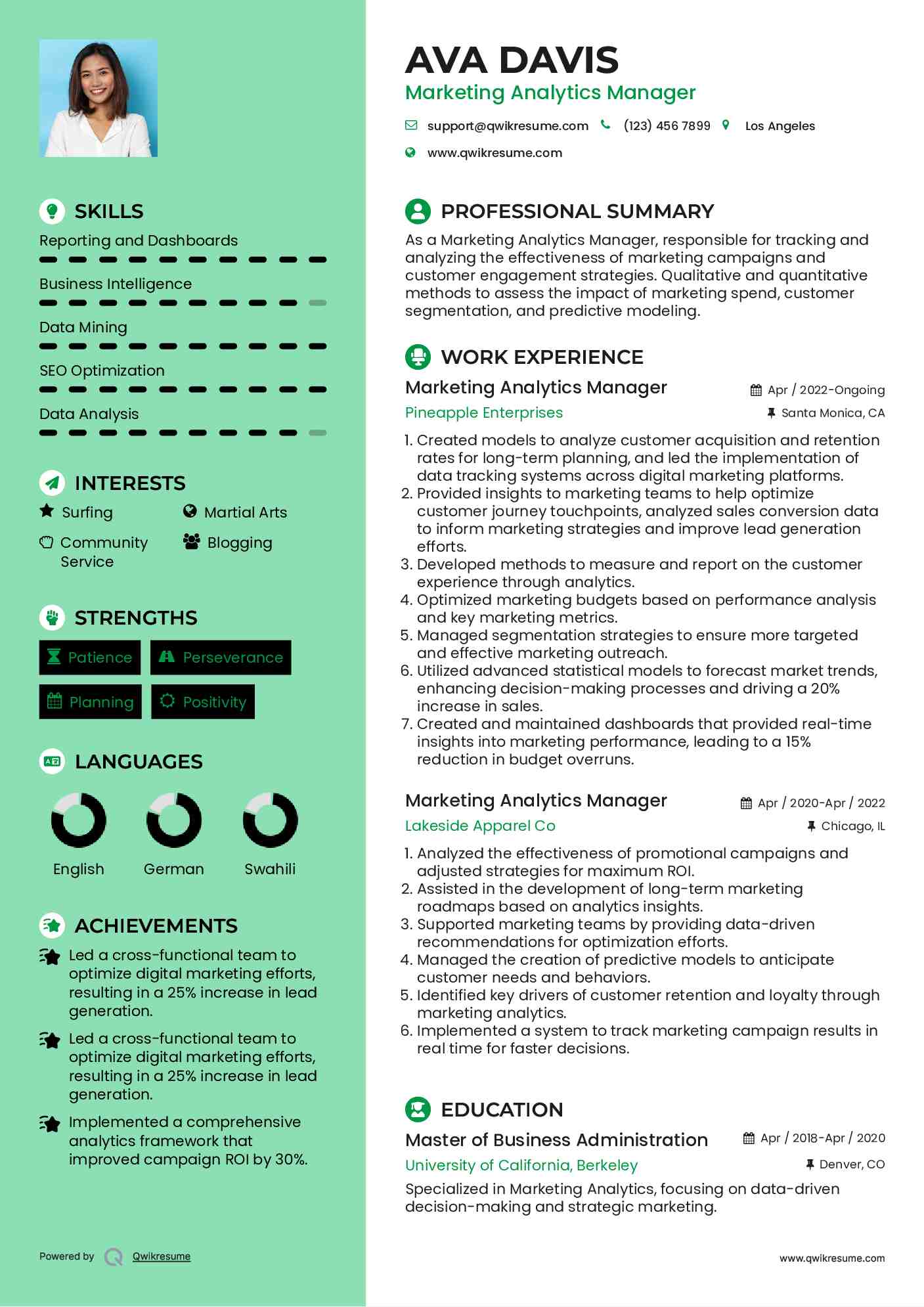 Marketing Analytics Manager Resume Format