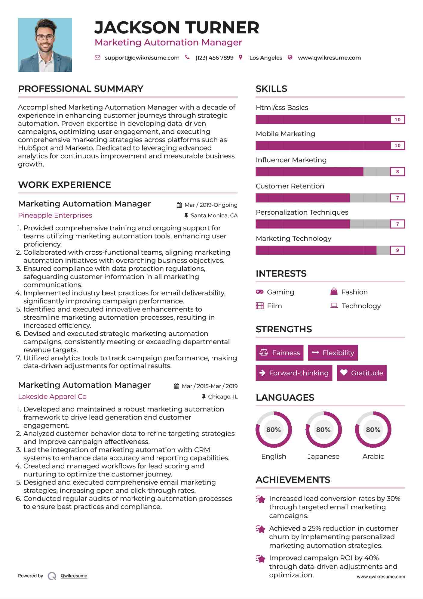 Marketing Automation Manager Resume Example