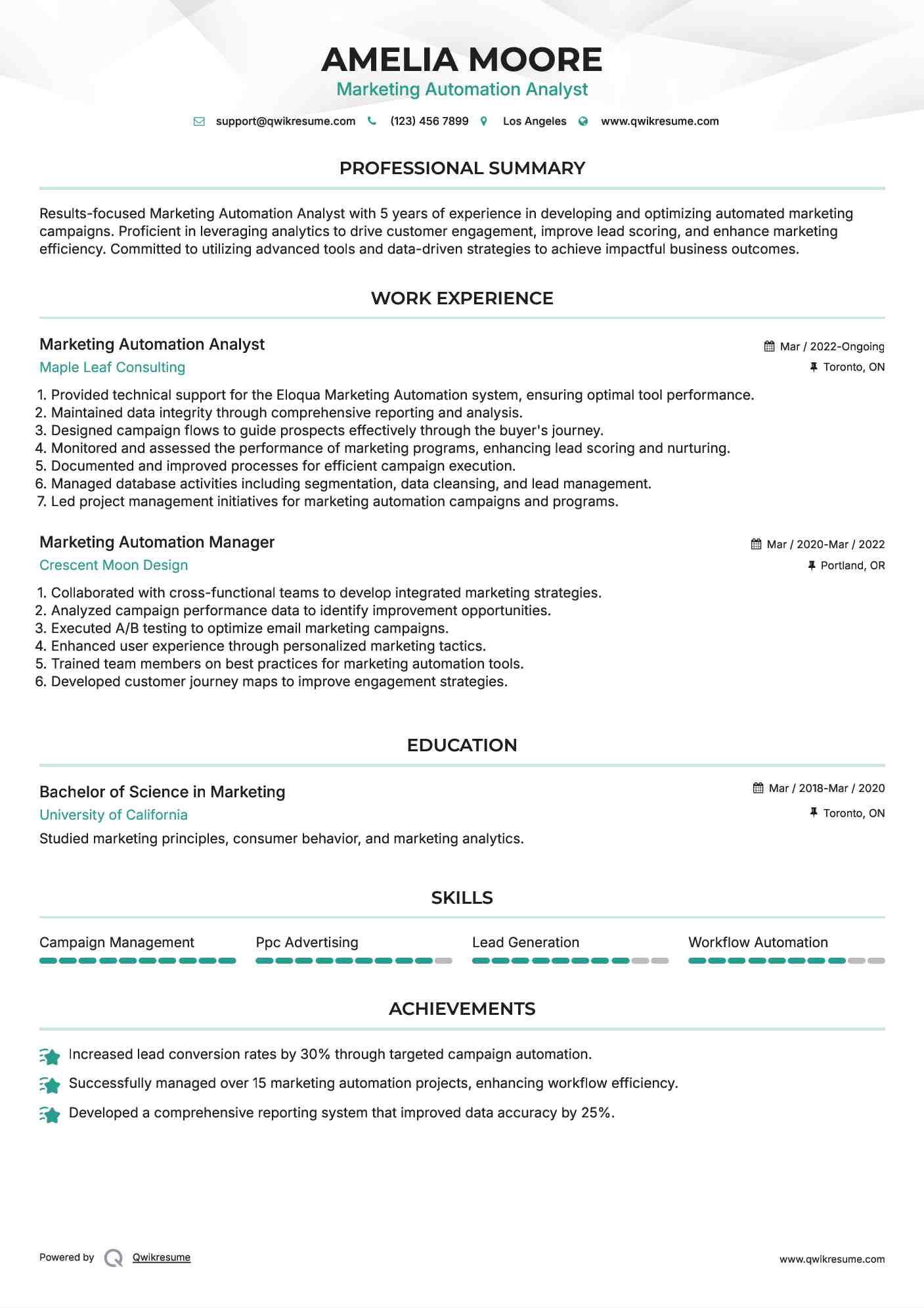 Marketing Automation Analyst Resume Example