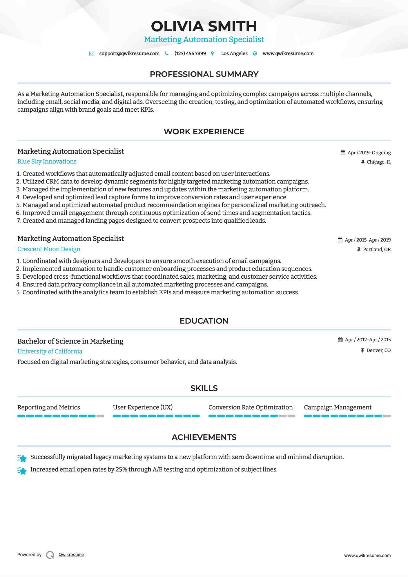 Marketing Automation Specialist Resume Sample